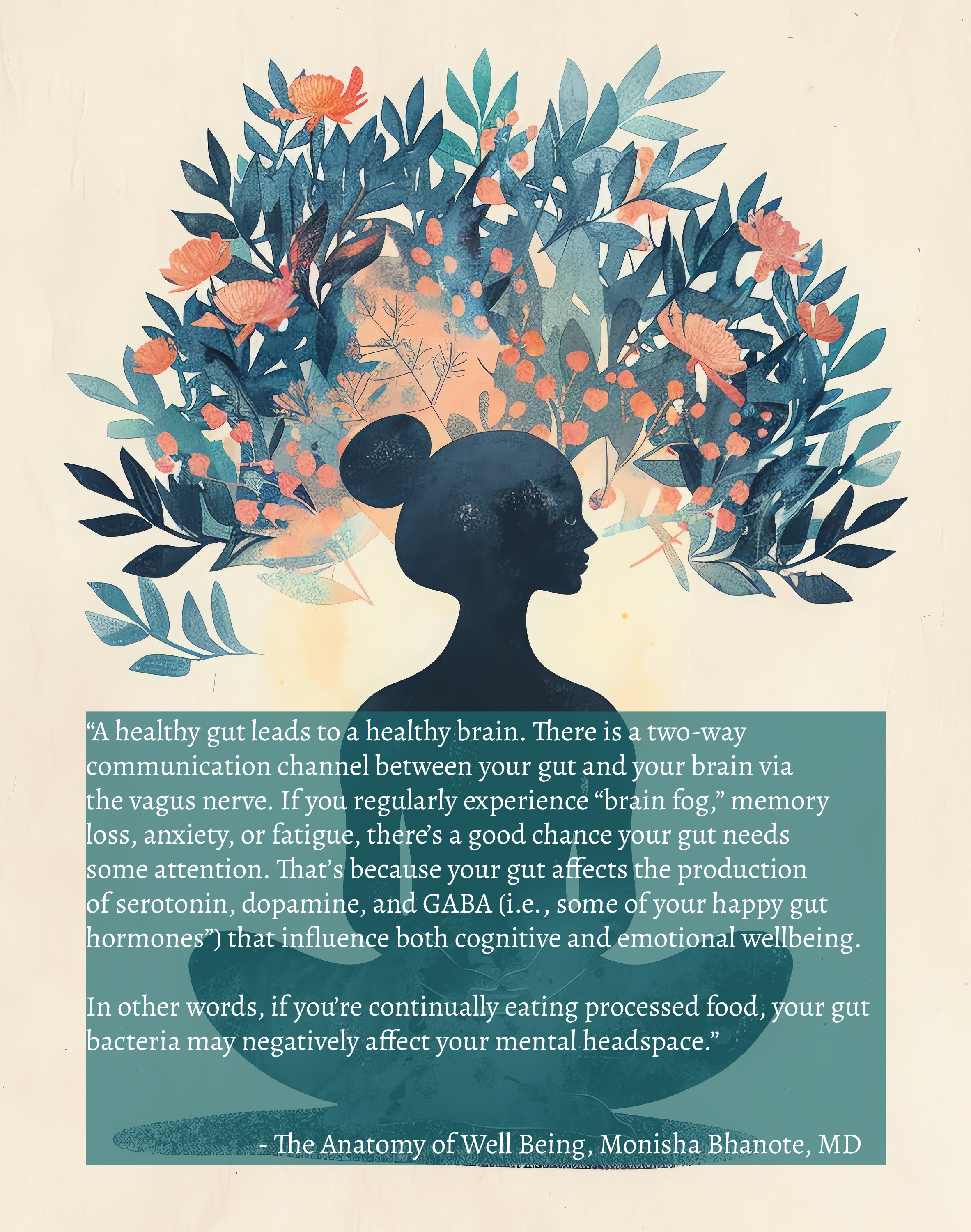 A silhouette of a woman with an elaborate, colorful tree-shaped hairstyle consisting of leaves, flowers, and branches. There is a quote about gut health and brain connection overlaid on the image.