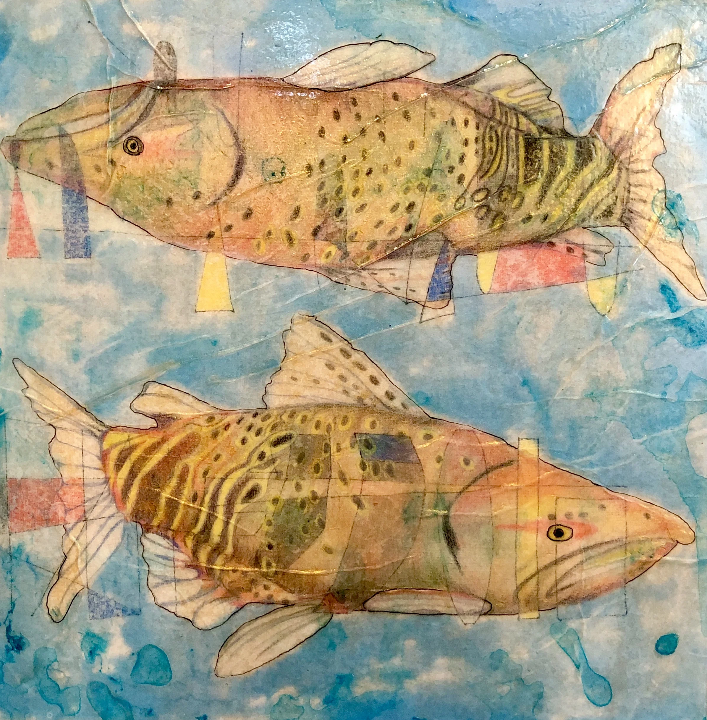 Salmon Run II, 12”x12”, paper, crayon, ink, acrylic