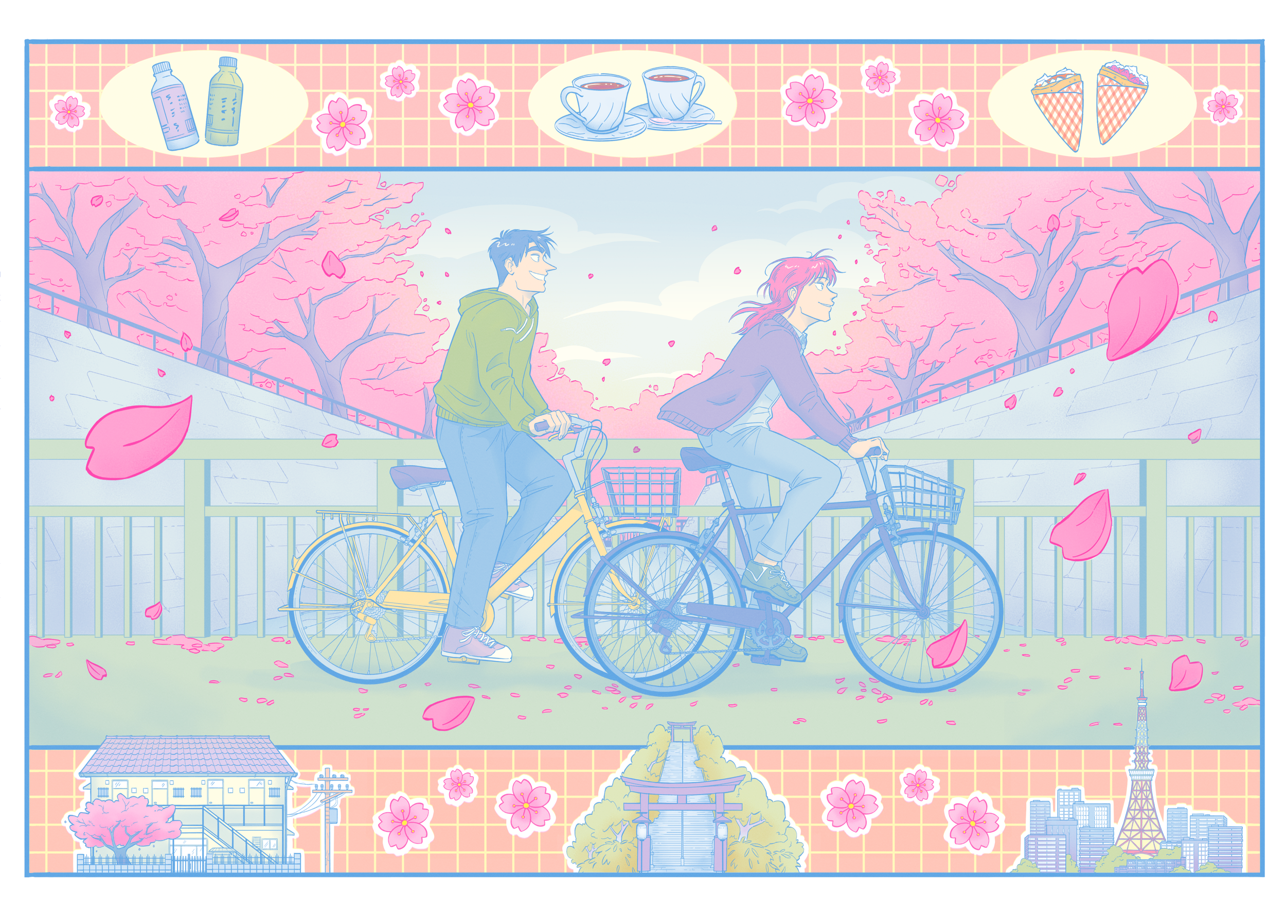  上京生活録イチジョウ,  Life in Tokyo Ichijō  Fanart, 2026  (Made for Riso Print: Fluo Pink, Yellow, Cornflower Blue) 