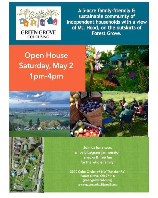 Curious about Green Grove? Drop-by on Saturday, May 2nd, anytime between 1pm to 4pm for a tour and learn more about cohousing as we celebrate National Cohousing Open House weekend.