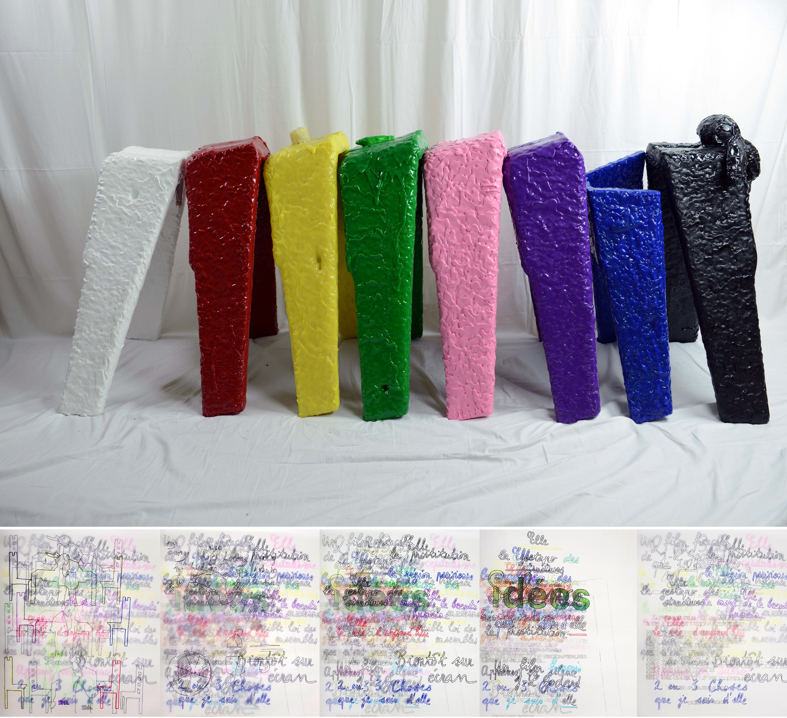 “The Unnameables ,” (3D) 2017, hot glue on objects, 47 x 115 x 33 in., (2D) 2017, pen on vellum, 17 x 70 in.