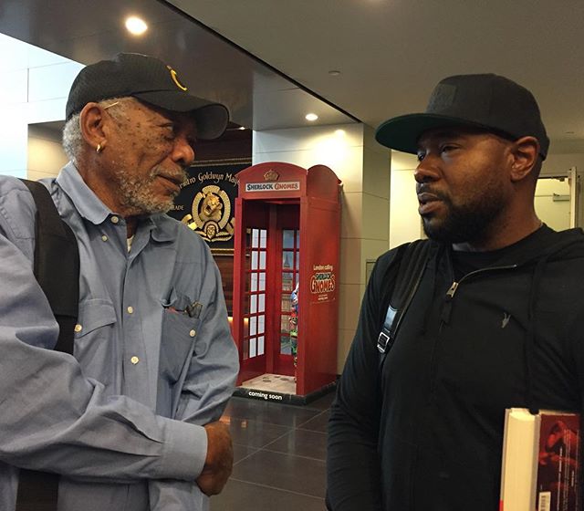 Morgan Freeman and Antoine Fuqua talking about the Ali book tucked under Antoine&rsquo;s arm!