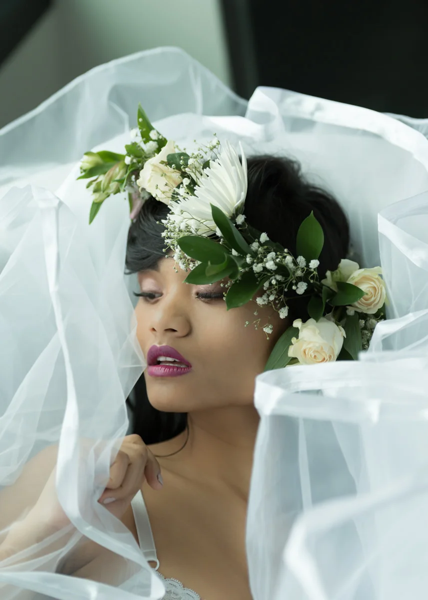 Bridal portrait Seattle Multicultural Veil Crown Pink Lipstick.jpg