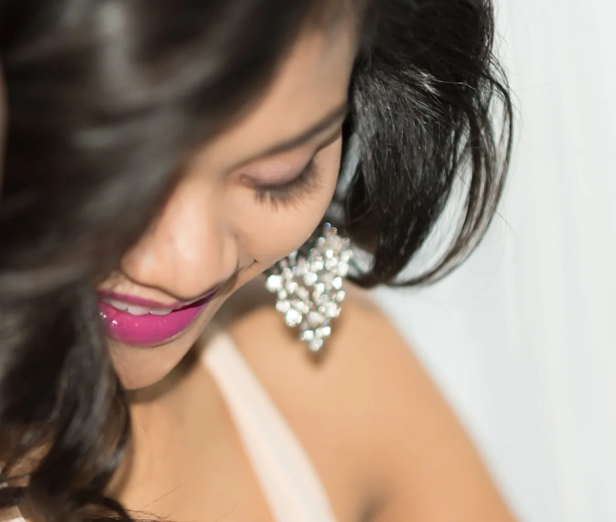 Bridal Portrait Woodinville Bellevue Chandelir Earrings Pink Lipstick.jpg