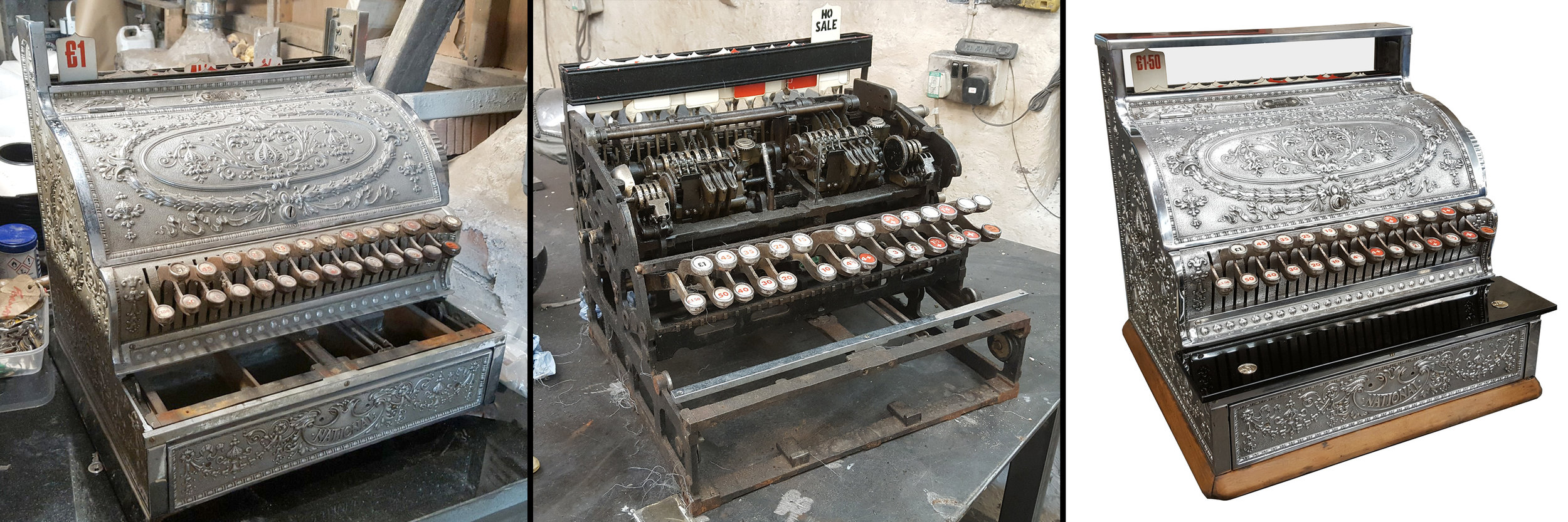 NCR Cash register before, during, and after restoration