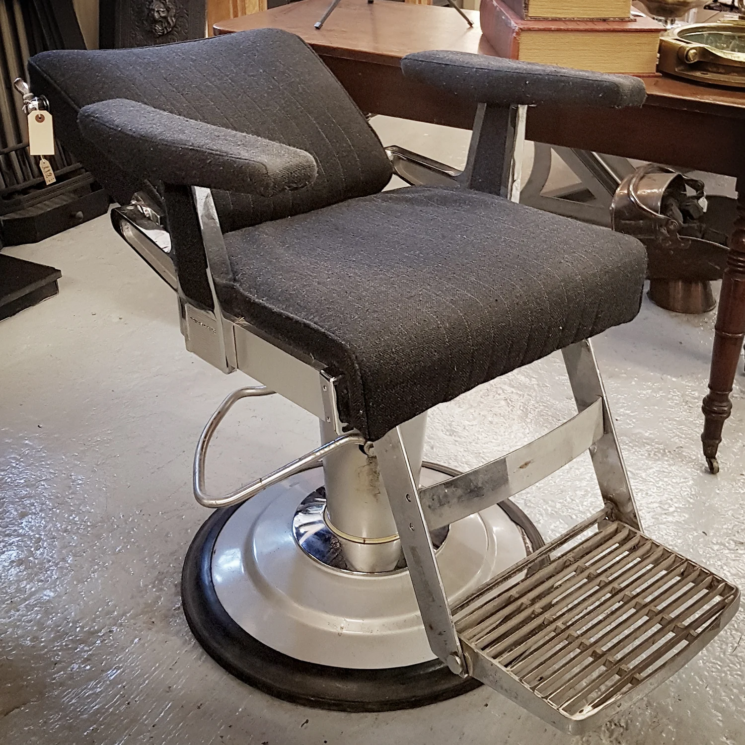 antique hydraulic barbershop chair at holyrood salvage in Edinburgh.