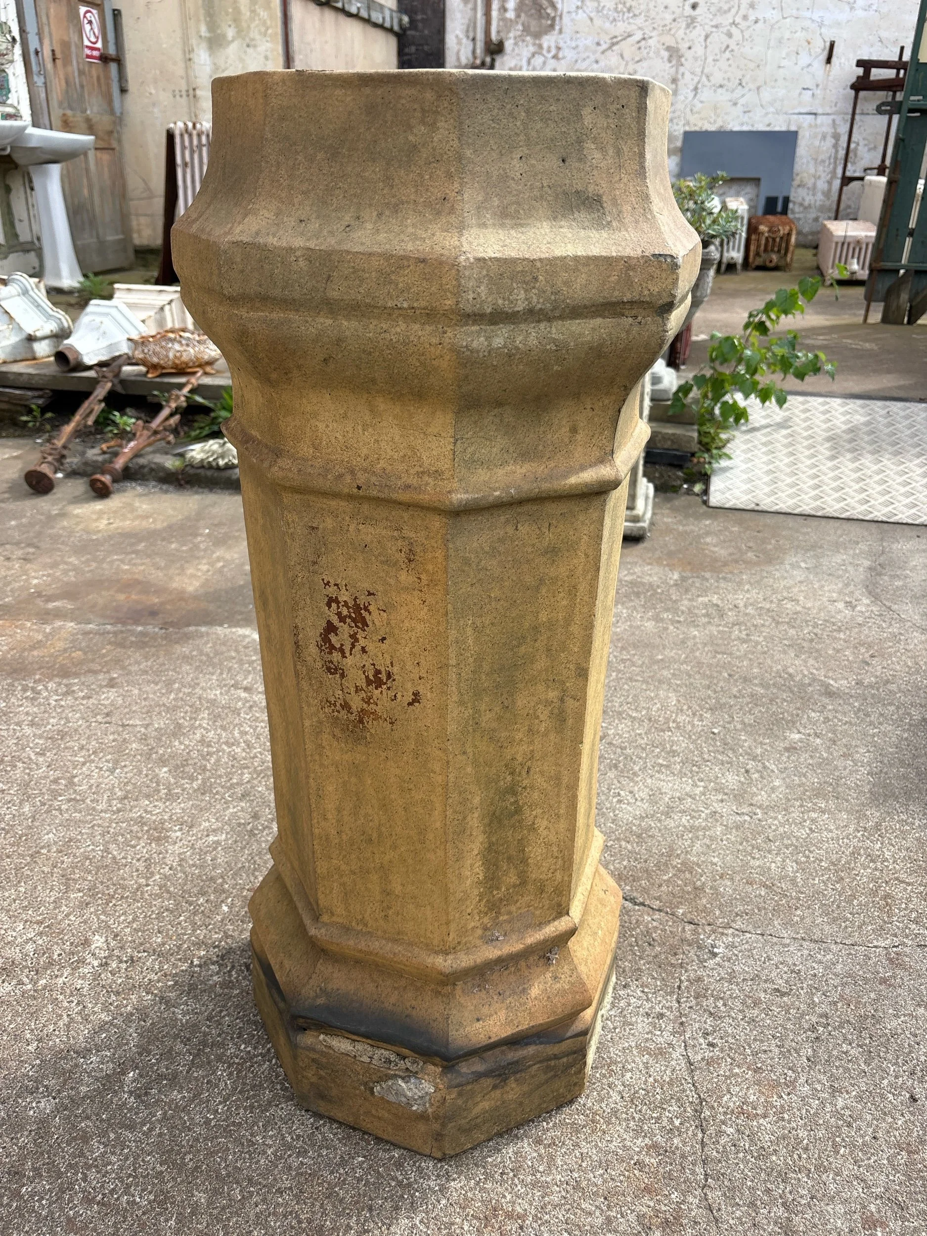Victorian tall round chimney pot with lichen finish, suitable for restoration or garden use