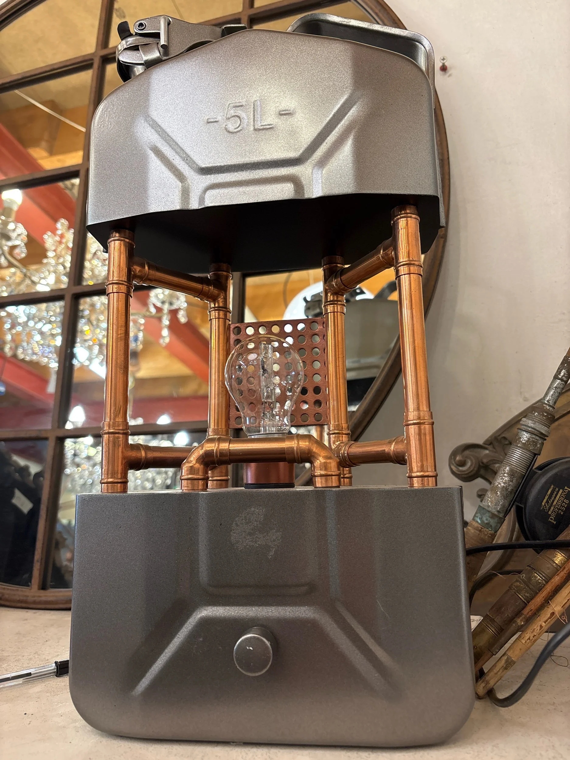 industrial steampunk lamp at Holyrood Architectural Salvage, Edinburgh, Scotland