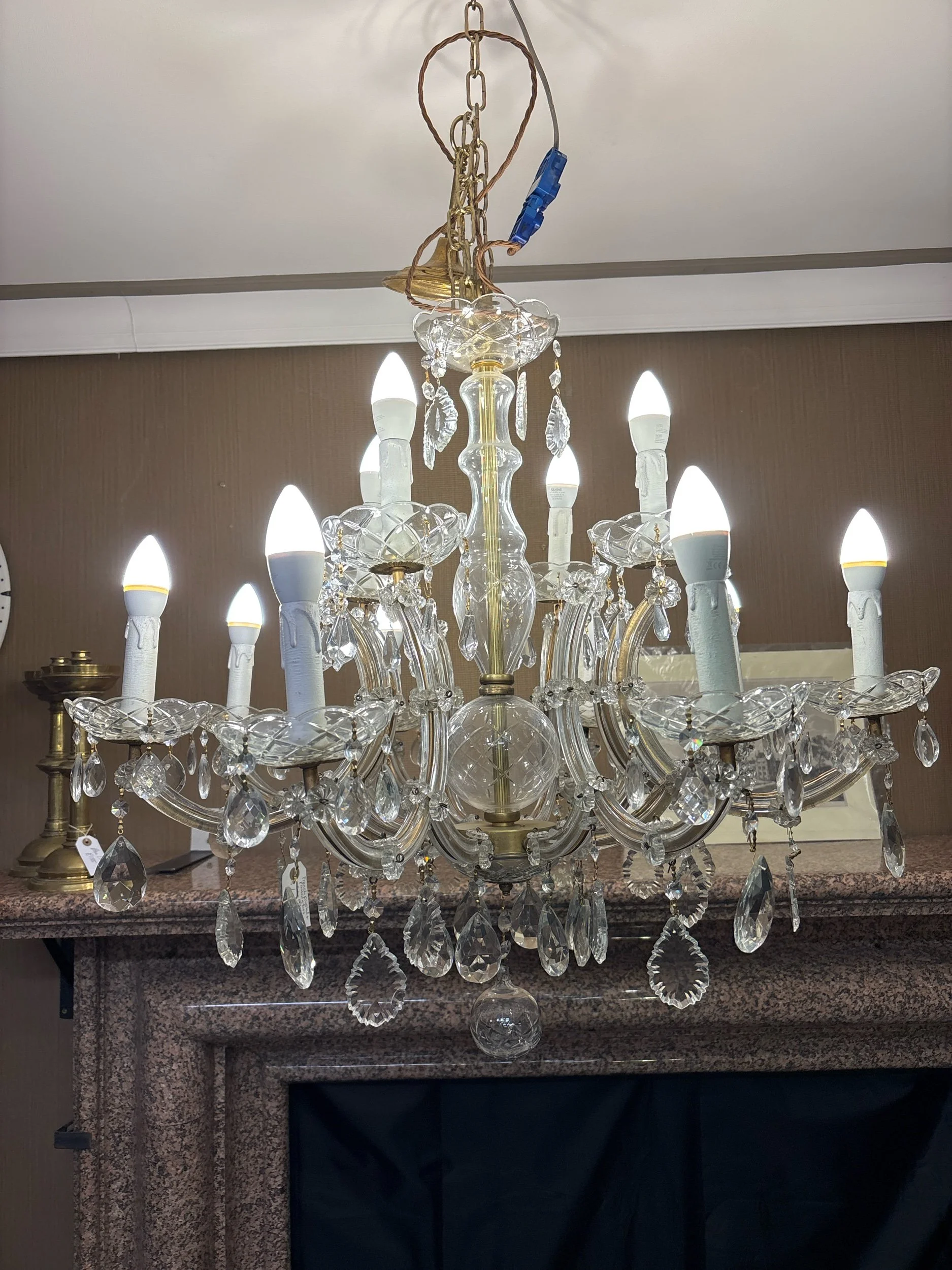 Antique French 12 arm crystal and glass chandelier. Edinburgh crystal light.