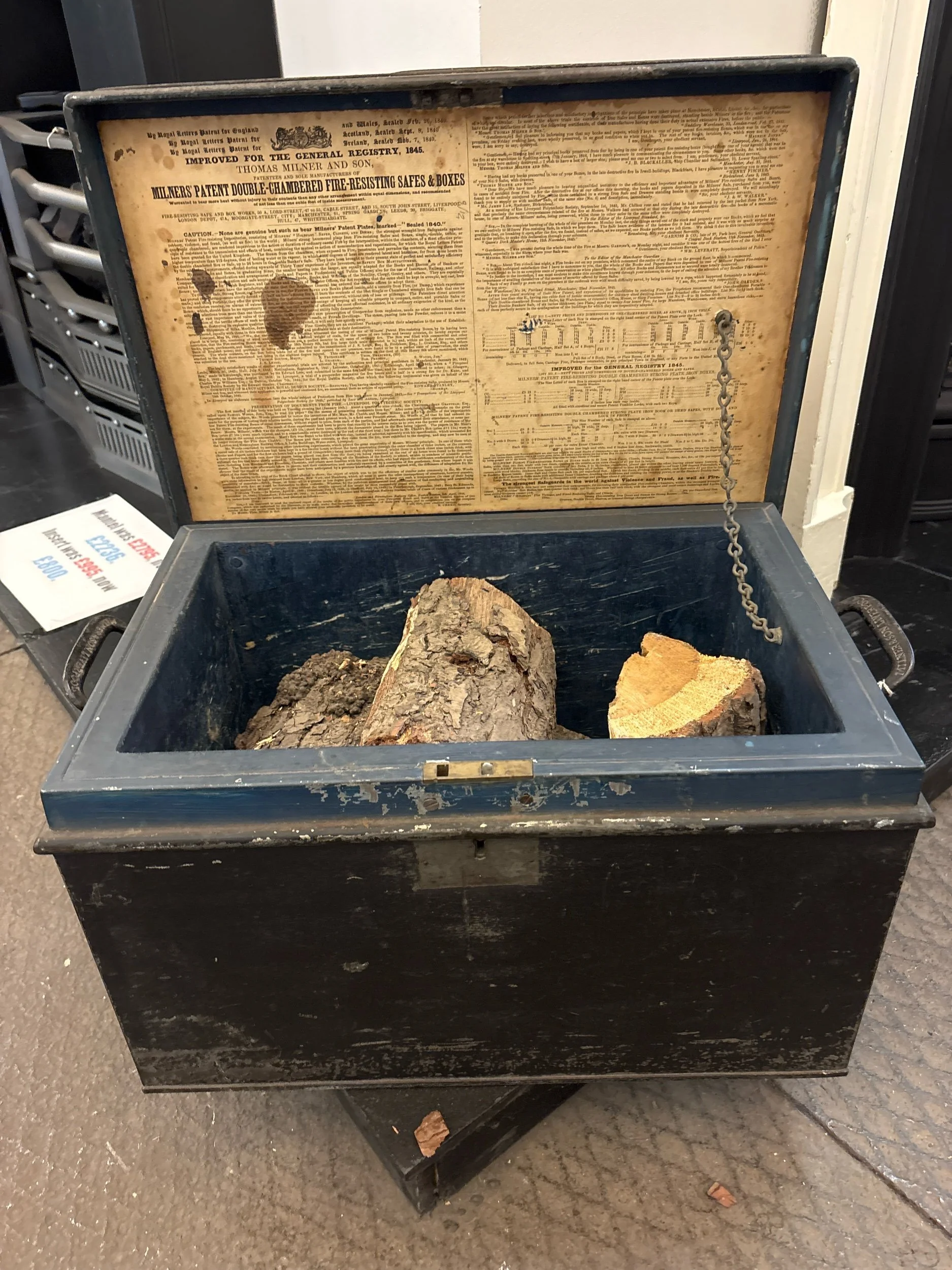 Antique milner's patent fireproof safe box with original maker's label inside lid, 19th century with key.