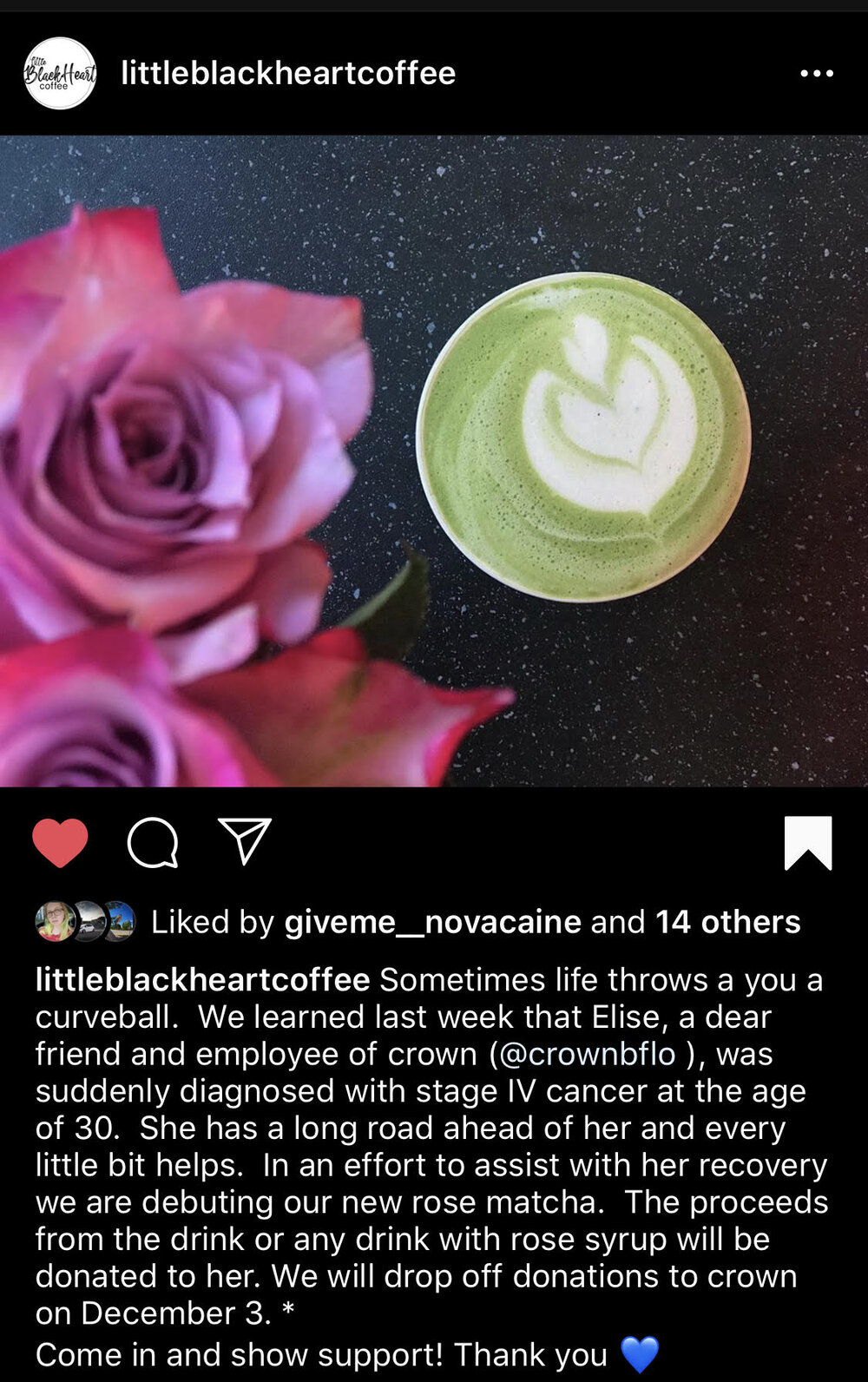  Rose matcha at  Little Black Heart Coffee , located inside the  Vegan Grocery Store . All proceeds from rose-flavored drinks in November 2019 went to assist Rose in her battle! Thank you Lydia + VGS for your generosity! 