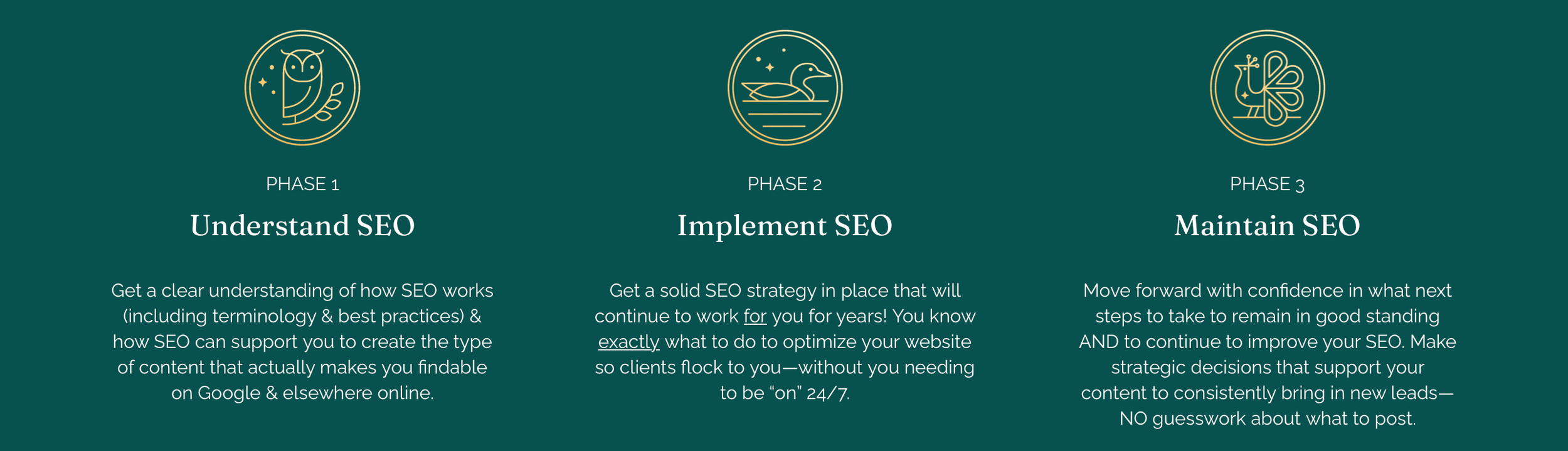 A graphic showing the 3-part SEO approach. Phase 1 has an owl, Phase 2 has a loon, & Phase 3 has a peacock.