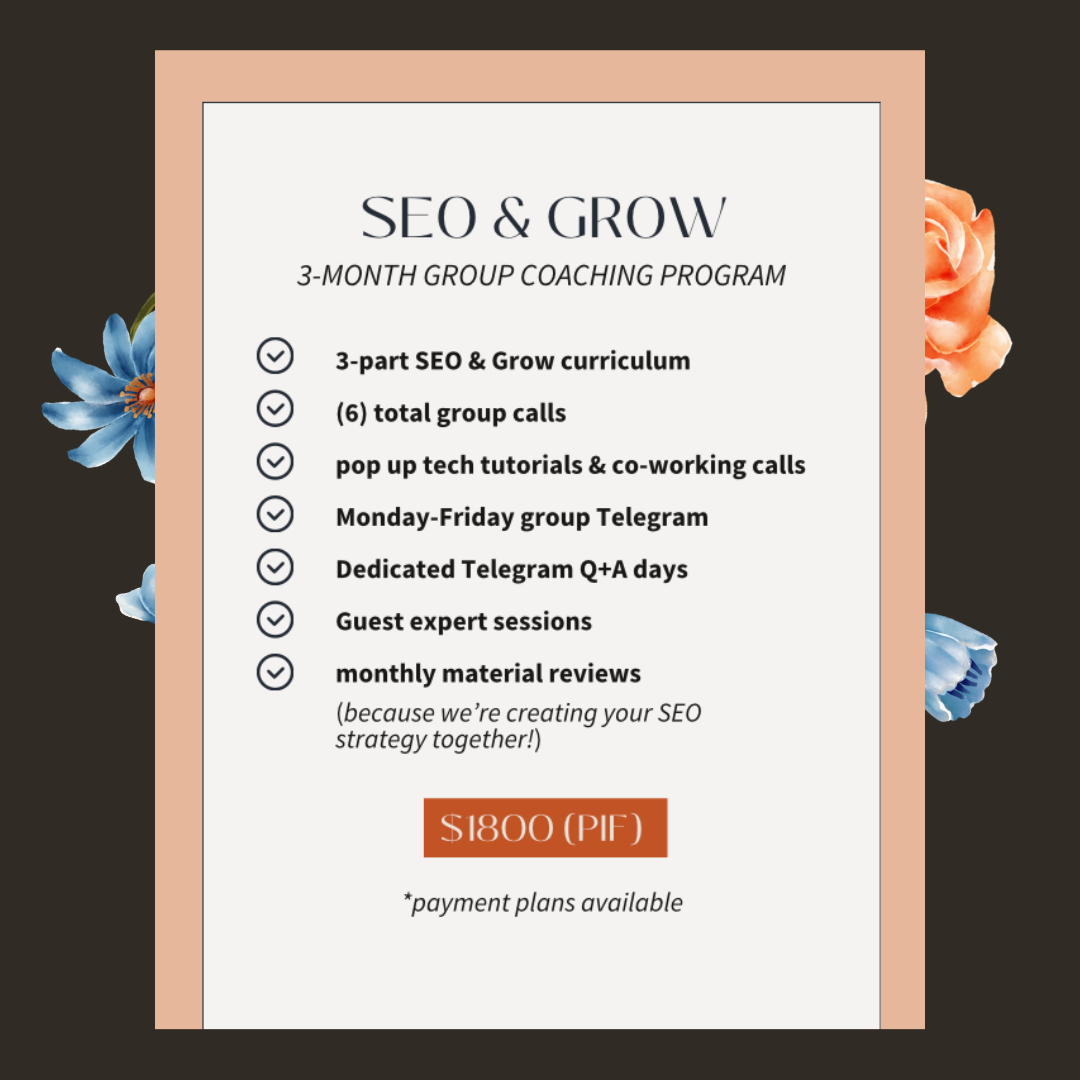 SEO & Grow group coaching program deliverables—including group calls, Telegram Q+A days, & guest expert sessions