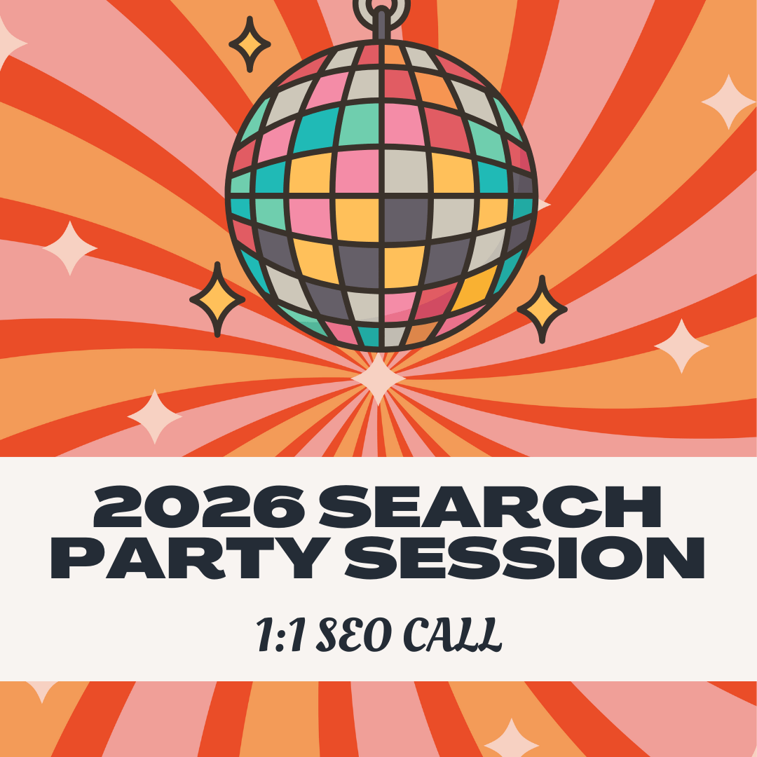 picture of a disco ball with text that says "2026 search party sessions—1:1 call with Brittany"