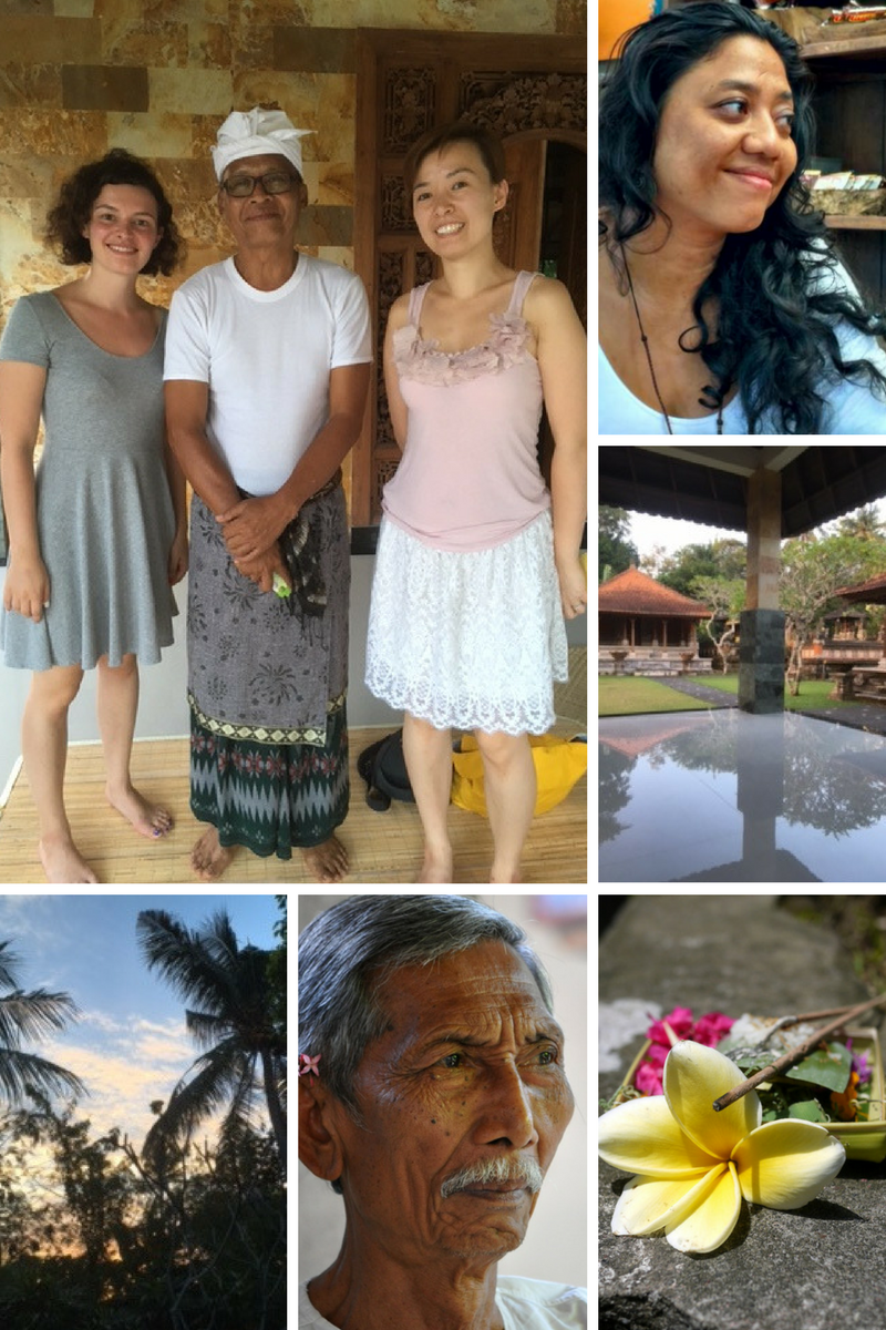 Starting from up left , photo of me and Anna during the Astrology workshop . The lady on the right is the healer Tunjung ( photo from her website   http  ://  www  .  tunjungbalihealer  .  com  ) . Then photo of the patio of the beautiful home of the astrologer. Bottom right is an example of a balinese offering , credit to this website and article   http  ://  alittleadrift  .  com  /  ritual  -  balinese  -  beliefs  -  offerings  /  &nbsp;. Then an image of Cokorda Rai from here   https  ://  thevagabondfeminist  .  wordpress  .  com  /  2015  /  05  /  19  /  cokorda  -  rai  /  &nbsp;. Finally bottom left a beautiful sunset in Ubud.&nbsp;