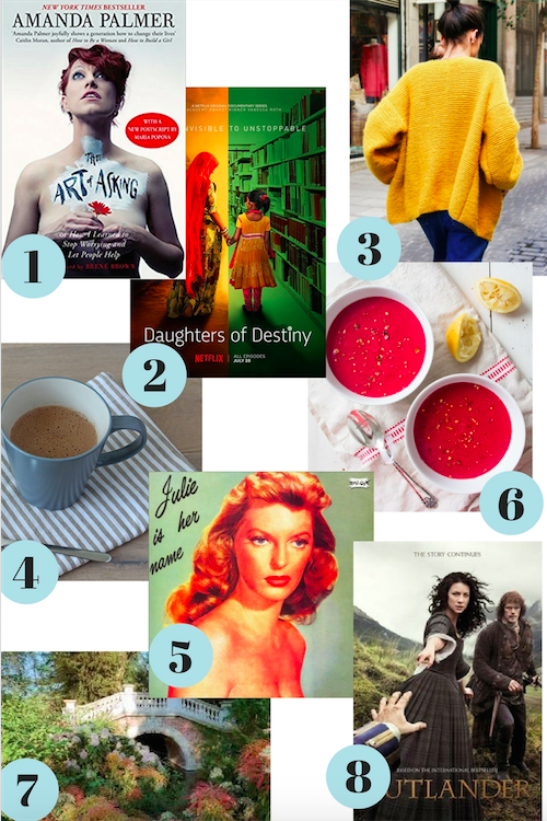 1.  This book  // 2.  This documentary  // 3.  Knitting and this site &nbsp;// 4.  Hot chocolate  // 5.  This song  // 6.  This soup  // 7.  This park  // 8.  This TV-series &nbsp;
