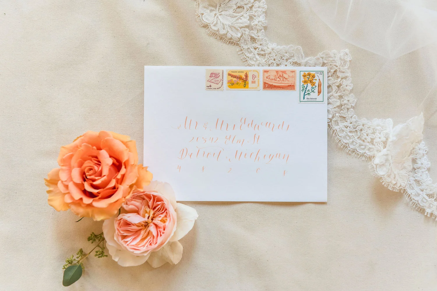 Peach Wedding Envelope Calligraphy