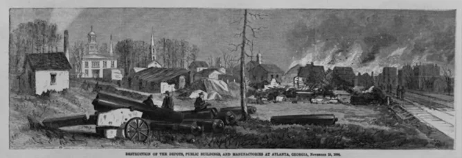 When Sherman’s army left Atlanta in November 1864, they destroyed the depots, public buildings, and manufactories. Courtesy of the Library of Congress.