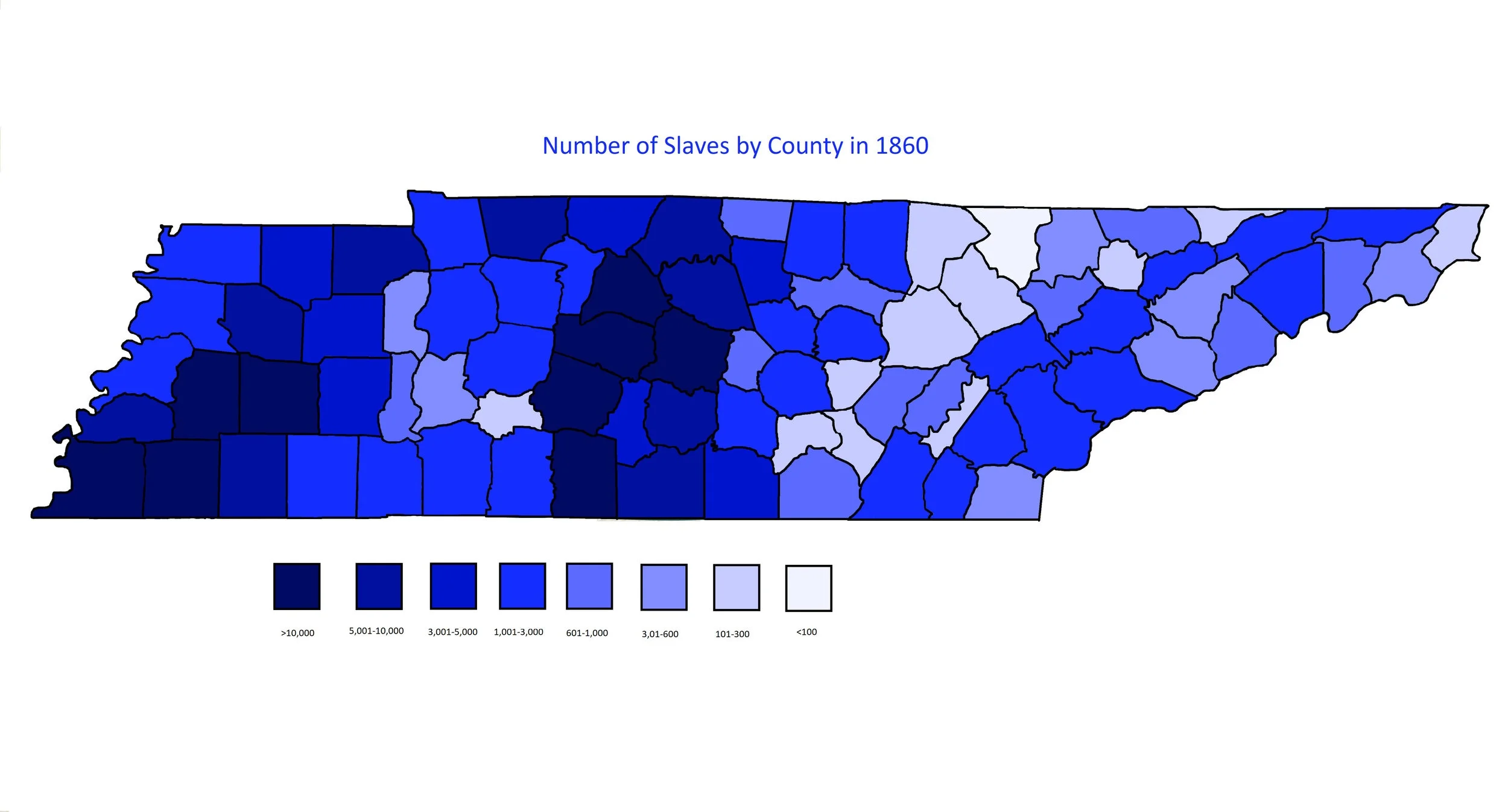 Number of Slaves by County in Tennessee in 1860