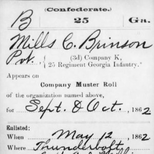 Pvt. Mills Brinson, Co. K, 25th GA Infantry, CSA