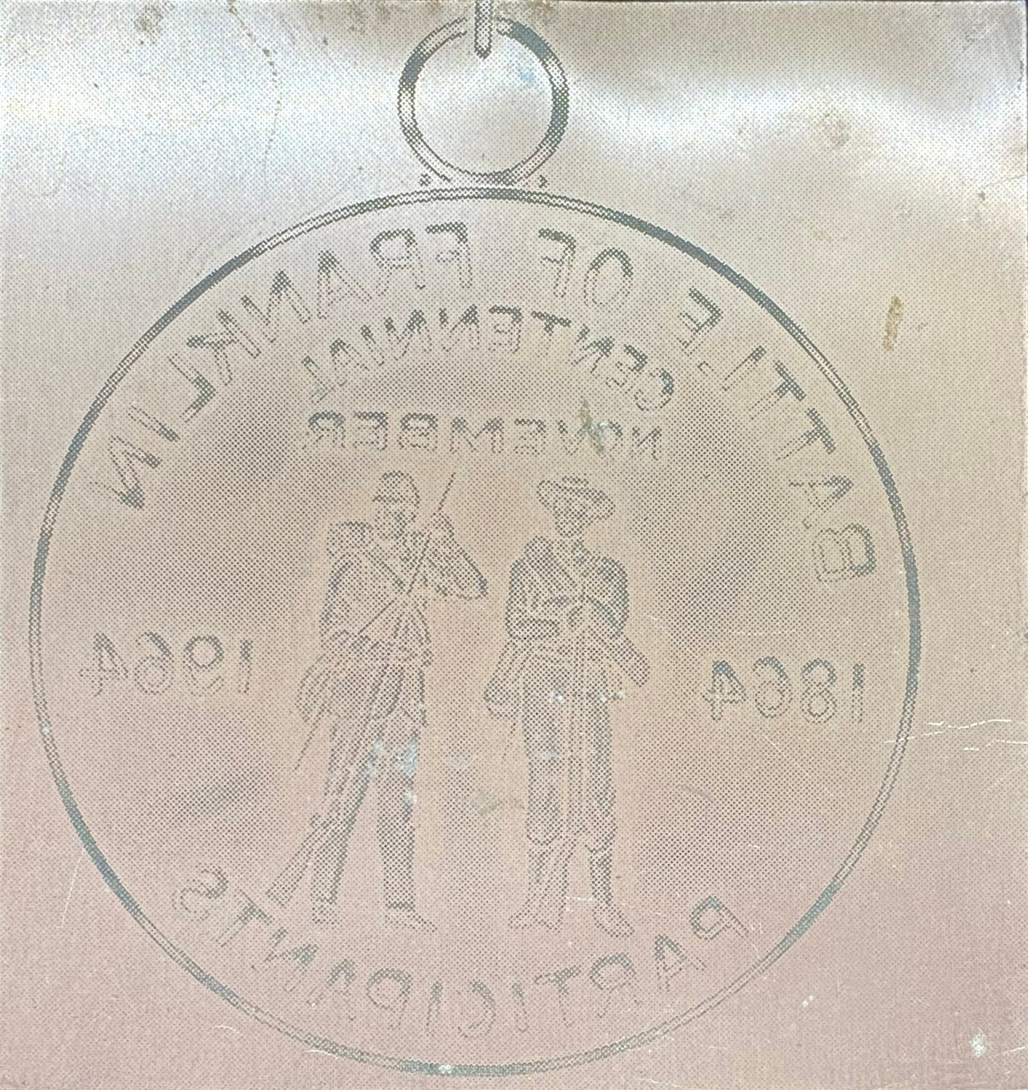 Original printing plate showing the front of the Battle of Franklin Centennial Re-enactors Medal