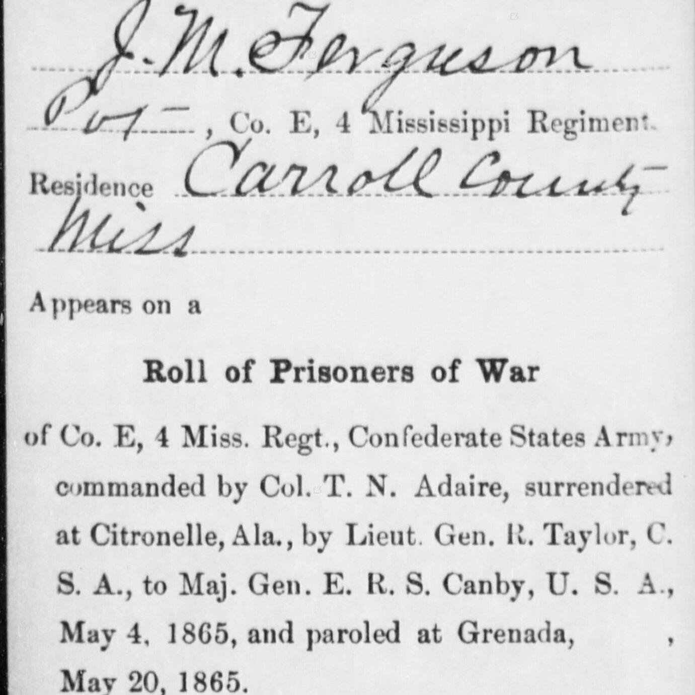 Pvt. James M. Furgarson, Co. E, 4th MS Infantry, CSA