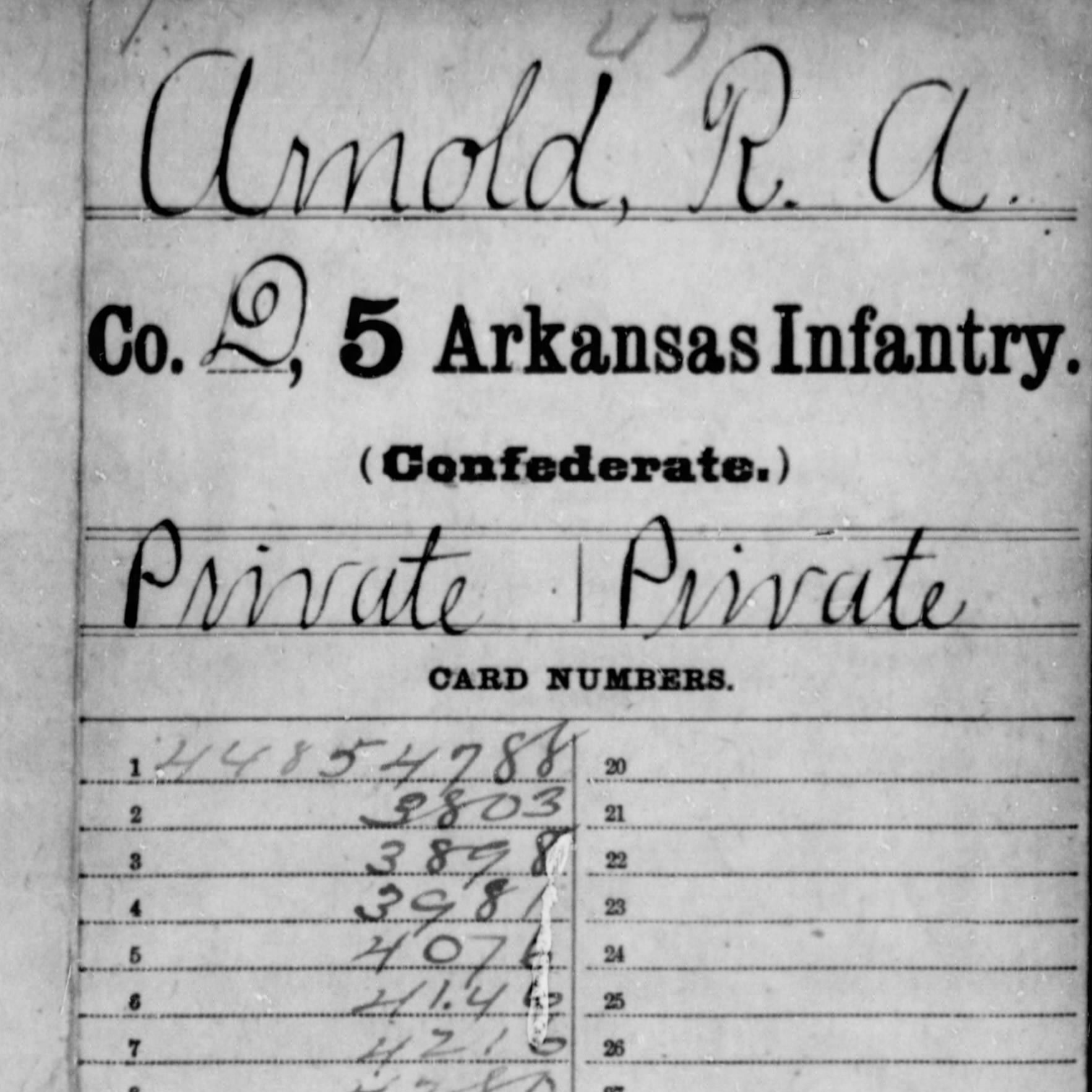 Pvt. R. P. Arnold, Co H, 5th AR Infantry, CSA