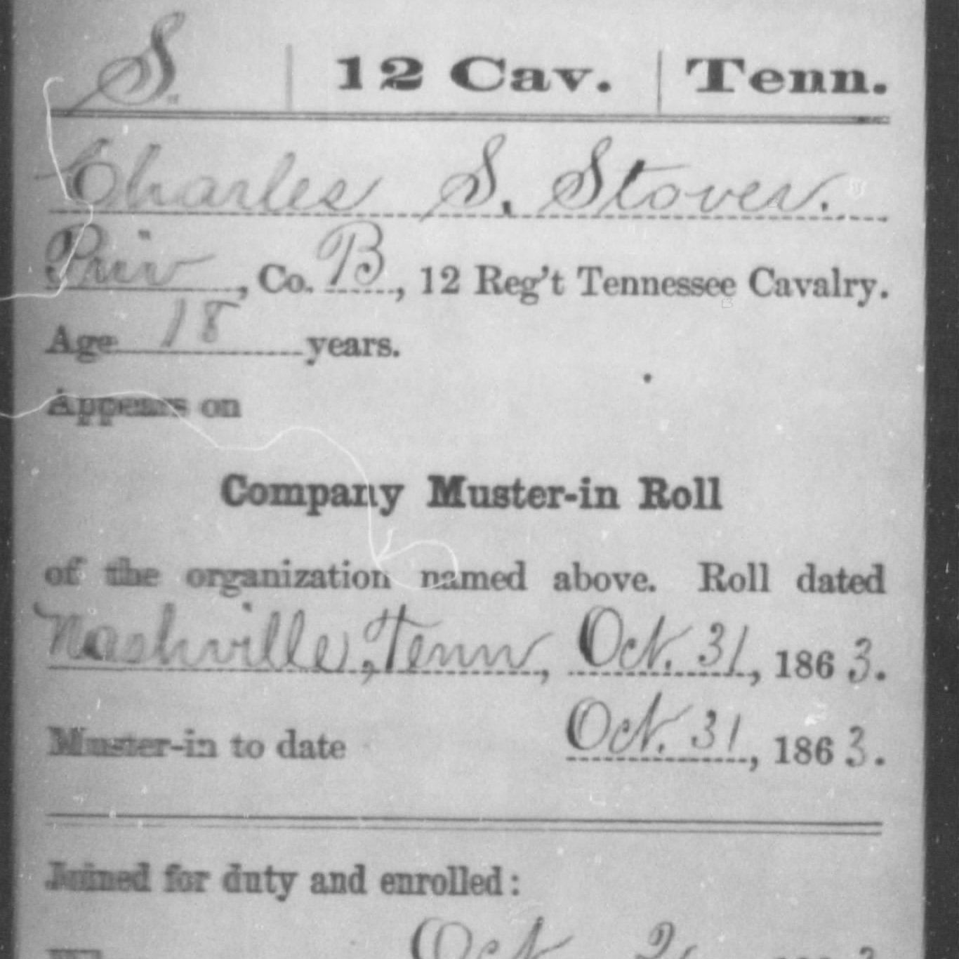 Pvt. Charles Stover, Co. B, 12th TN Cavalry, USA