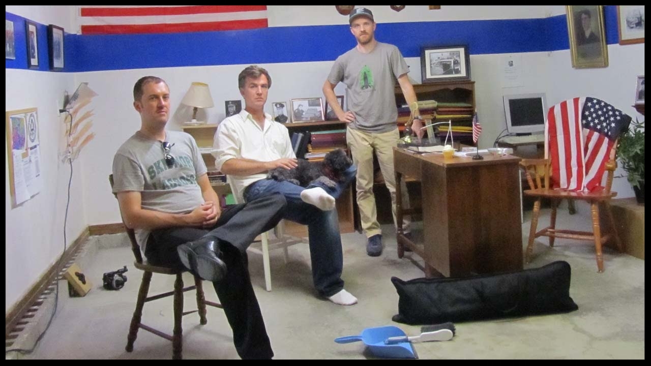 Tom Scalzo , Matt Farley and Charlie Roxburgh on the police station set of Slingshot Cops