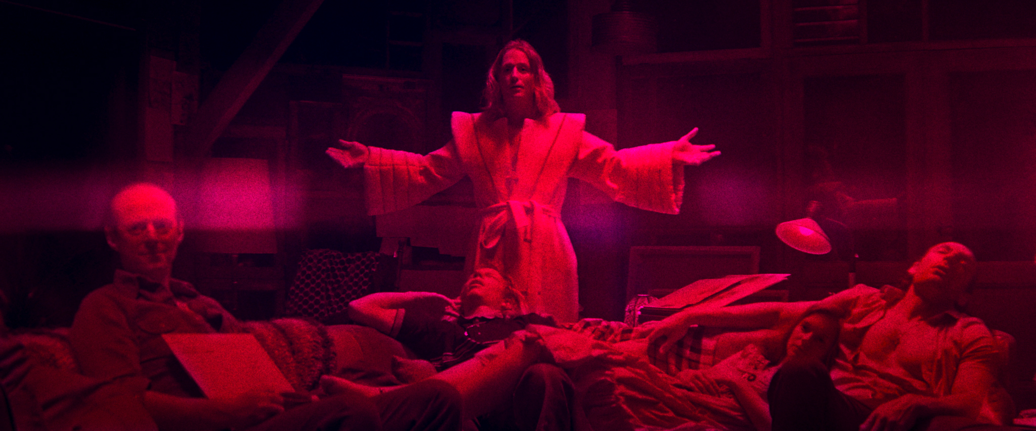 (L-R) Ned Dennehy as Brother Swan, Clément Baronnet as Brother Klopek, Linus Roache as Jeremiah Sand, Line Pillet as Sister Lucy, and Richard Brake as The Chemist in the action-thriller “ MANDY ” an RLJE Films release. Photo courtesy of RLJE Films .