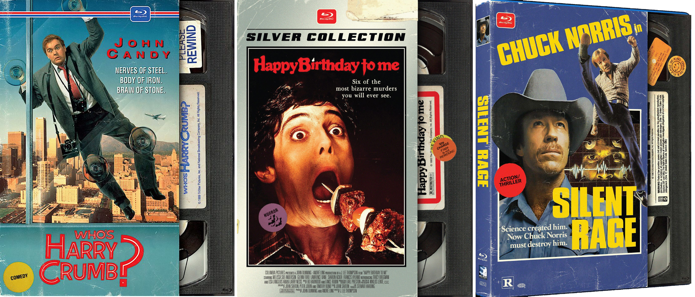 Mill Creek ’s cool VHS style Blu-ray covers for classic rental titles.