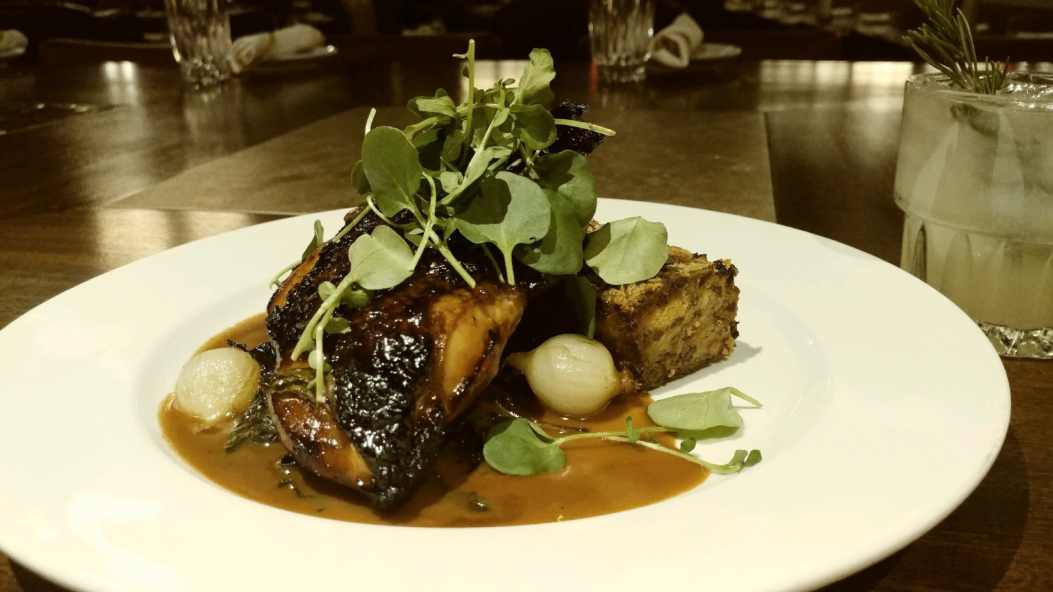 Roast Chicken Breast - Sausage and Brioche Stuffing, Swiss Chard, Pearl Onions, Madiera Jus