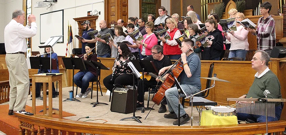The Gouverneur Community Chorus and instrumentalists, under the direction of Dr. Donald Schuessler, Jr., preparing to present “The Song Everlasting,” written and arranged by Joseph Martin, at the First United Methodist Church of Gouverneur, 34 Grove St., on Sunday, April 14, 4 p.m. (Rachel Hunter photo)