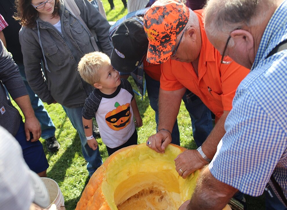   Giant Pumpkin Weigh-Off Winner Lyle Hotis of Gouverneur talks to a youngster about the wonders of growing a giant pumpkin as the 435-pound pumpkin was getting gutted by fair directors in preparation for the second 2019 Gouverneur Pumpkin Festival G