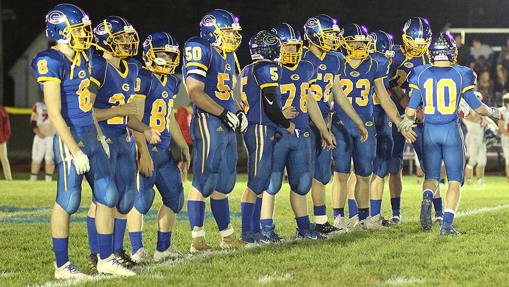   Gouverneur Wildcat Varsity Football seniors recognized under the lights on the Frank LaFalce Field last Friday, October 11. Pictured (not in order): WR/LB Mitchell Shippee, RB/LB Mitchell Tyler, QB/DB Caleb Farr, RB/DB David Baker, RB/DB Cayden Sto