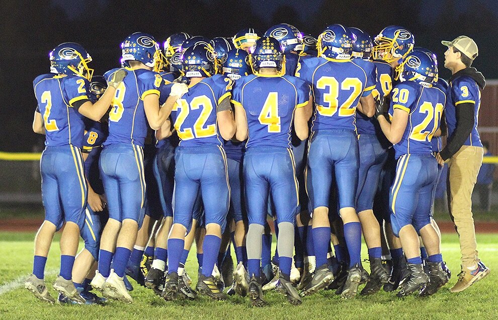   Gouverneur Wildcats getting pumped up before playing under the lights on the Frank LaFalce Field last Friday, October 11. (Rachel Hunter photo)  
