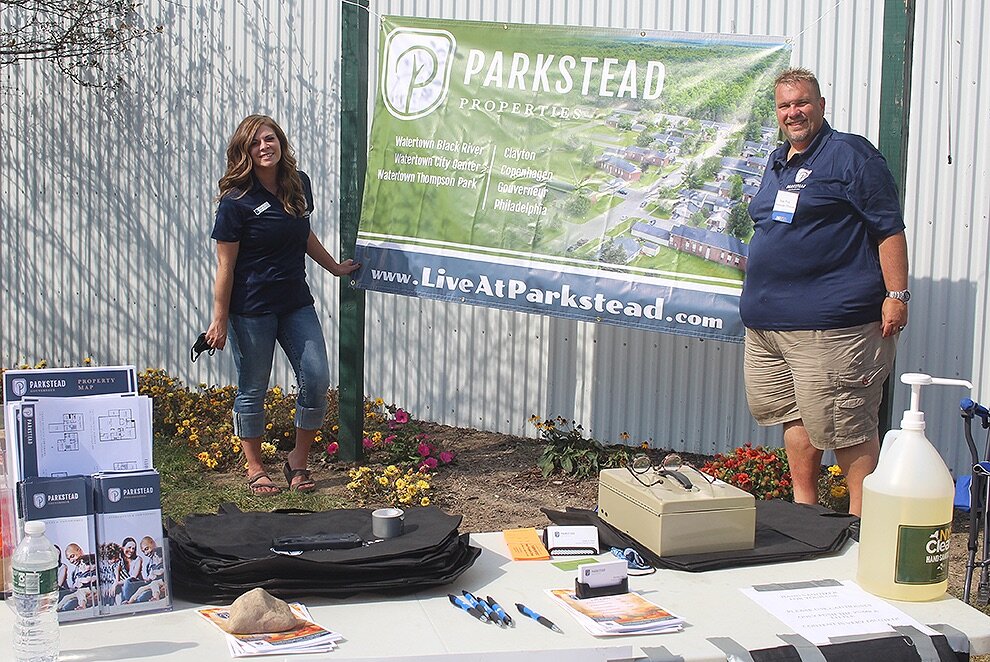   Parkstead Properties Manager Stormy Cox and Assistant Manager Sean Peck (who also is an associate director for the Gouverneur &amp; St. Lawrence County Fair Association) brought 300 bags to hand out to North Country residents at no cost – so they c