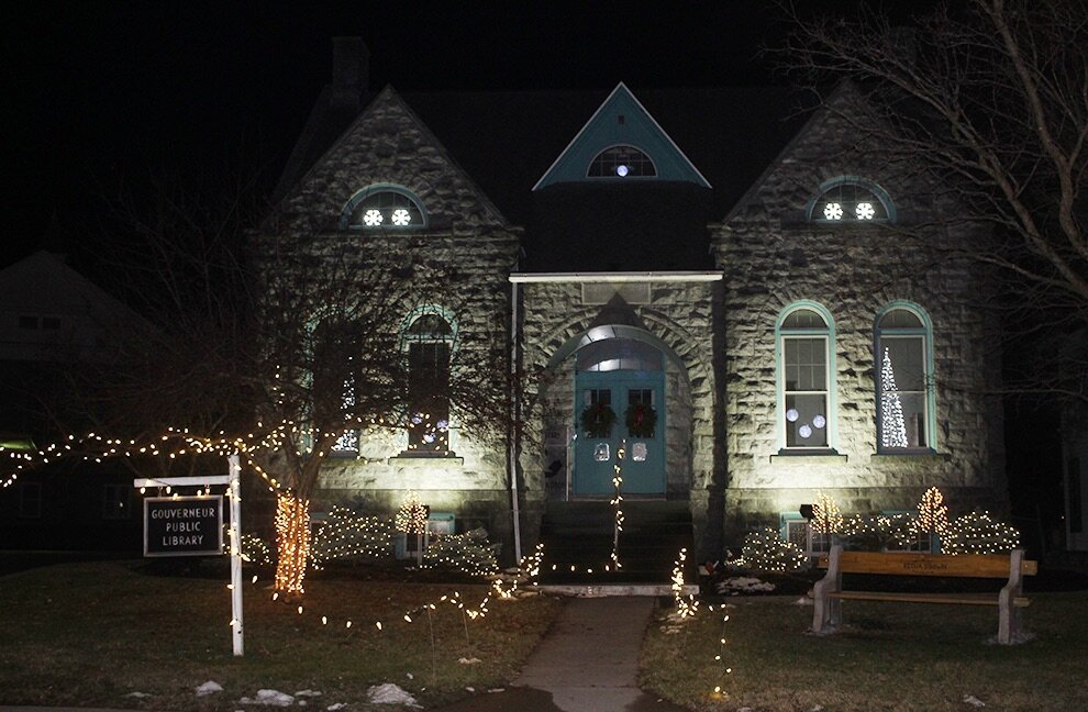    The Gouverneur Library decorated for Christmas with lights and more donated by Small Town Supply. (Rachel Hunter photo)  