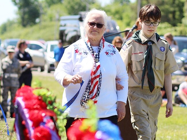    Ruth Mead presenting a ribbon on behalf of the Gold Star Mothers during the 2021 Gouverneur Memorial Day Observance. (Rachel Hunter photo)  