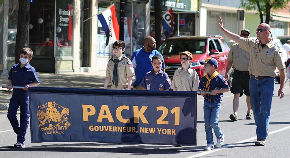    Gouverneur Cub Scout Pack 21 marching in the 2021 Gouverneur Memorial Day Parade on Monday, May 31. (Rachel Hunter photo)  
