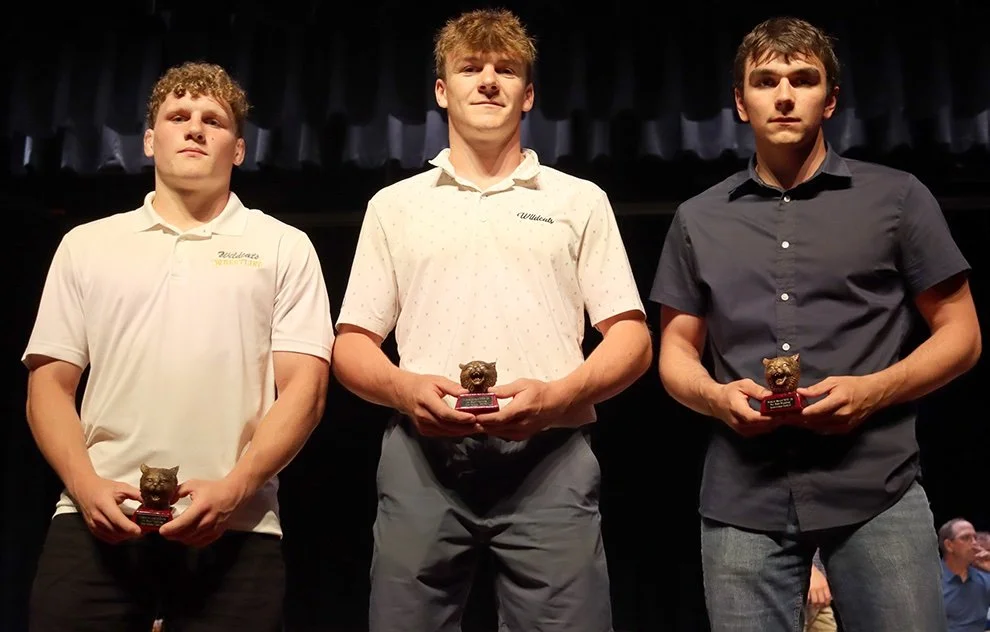   Wildcat Wrestling Awards: Ryan Mashaw, Cyler Baer, and James Minckler. (Rachel Hunter photo)  