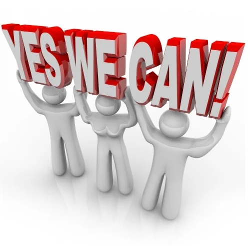 9897430 - a team of people work together to lift the words yes we can to affirm that by cooperating on a challenge, they can reach success and meet their goals