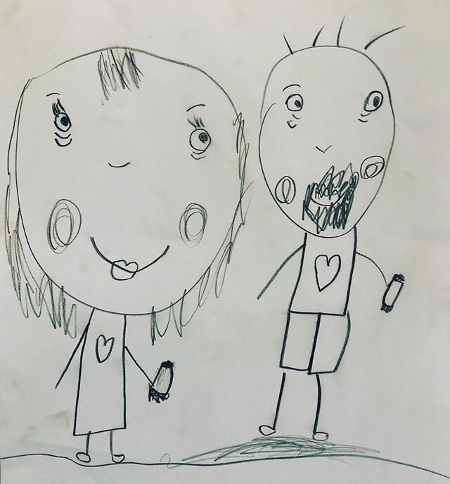 Jesse and I drawn by Fiona. I was waiting for the shame that comes when your kid draws you holding your phone, as I asked her what we was in our hands... &ldquo;Oh!&rdquo; She said &ldquo;I drew you holding burritos because I know how much you and da