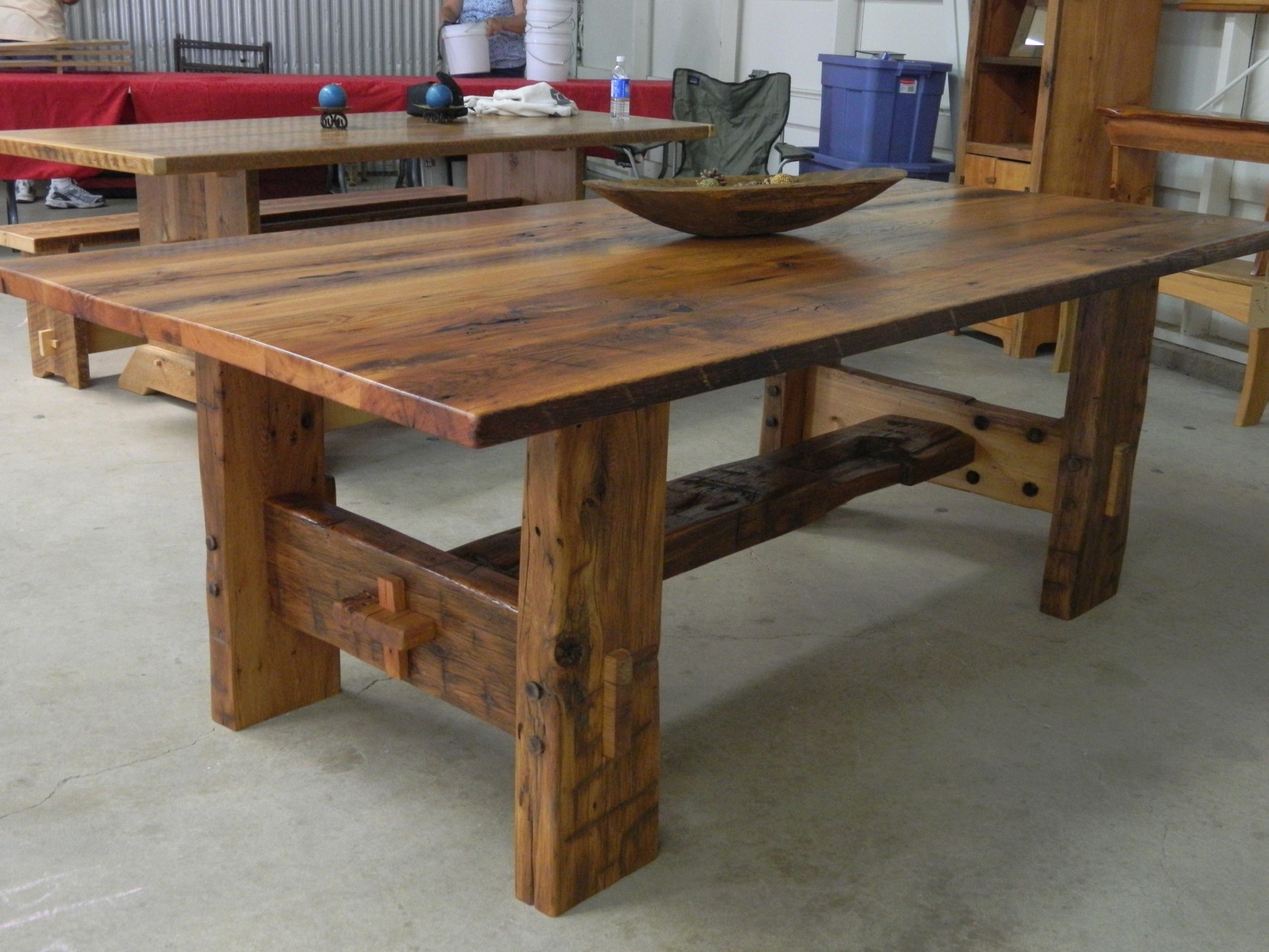 This hand hewn white oak trestle table is loaded with character and rustic charm. 