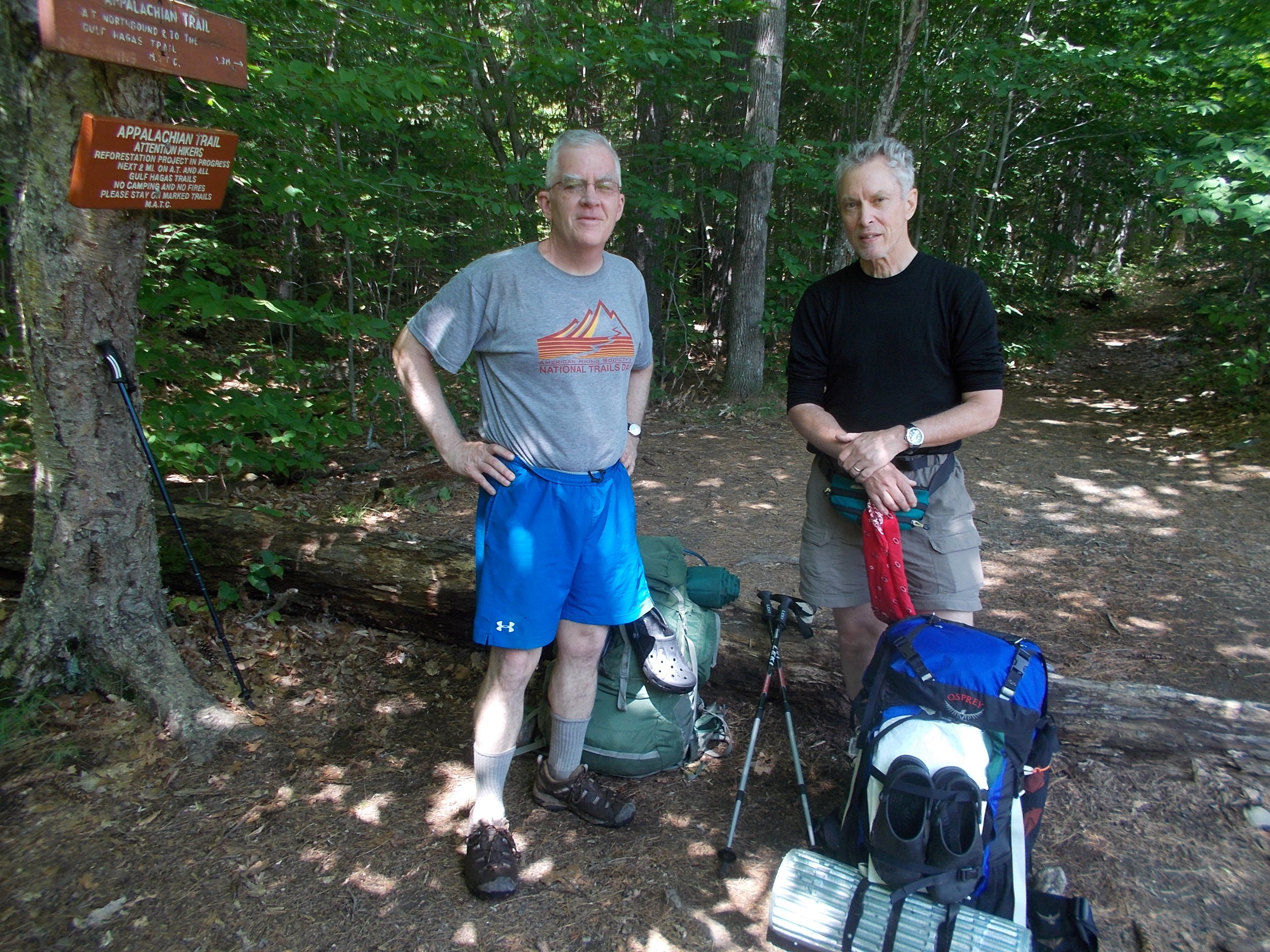 Don and fellow hiker, Ted Gregory, ready to take up the challenge of the 100-Mile Wilderness portion of the Appalachian Trail near Monson, Maine.