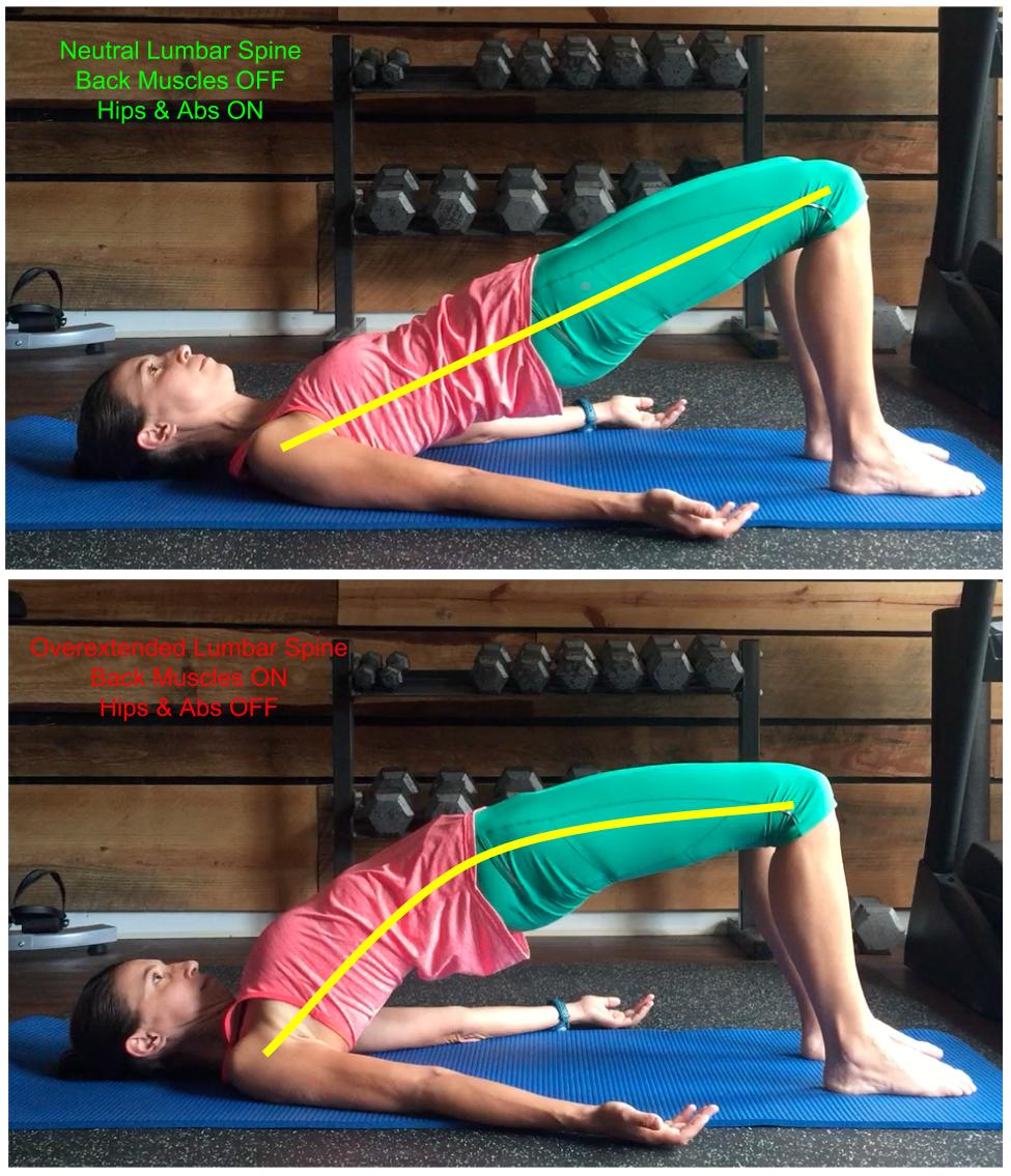A common error, especially in those who tend to be flexible. Focus on keeping the core engaged by bringing the ribs down as you use your glutes to achieve full hip extension.