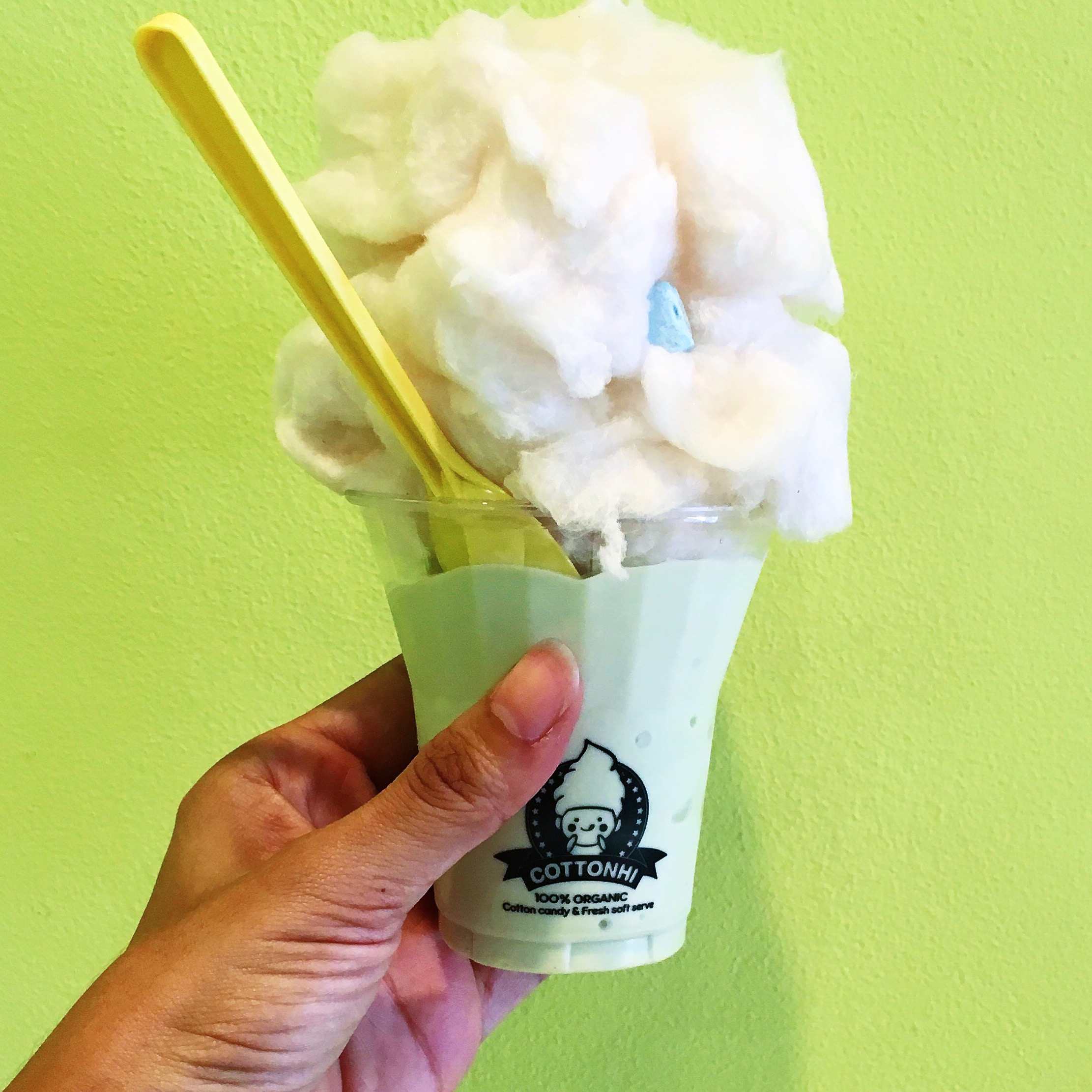 Organic strawberry cotton candy with Au natural green tea soft serve.
