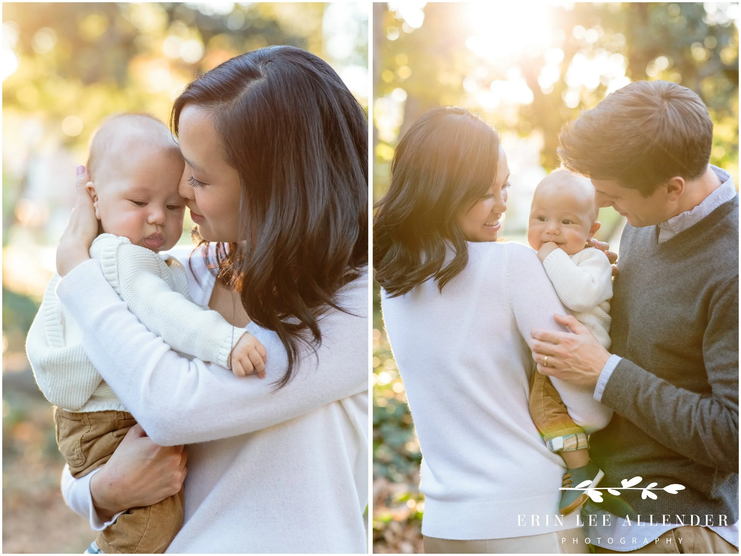 Baby held by parents with warm golden hour light at Vanderbilt campus.
