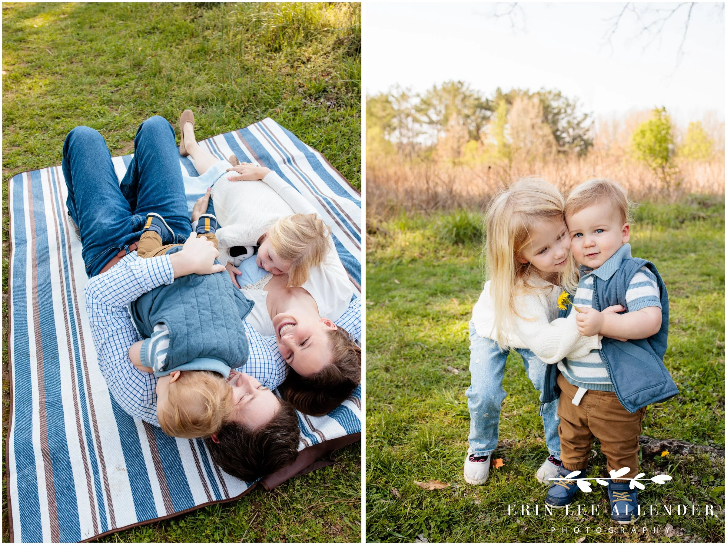 Family of four cuddling together on picnic blanket at Walton Ferry Arboretum Hendersonville TN
