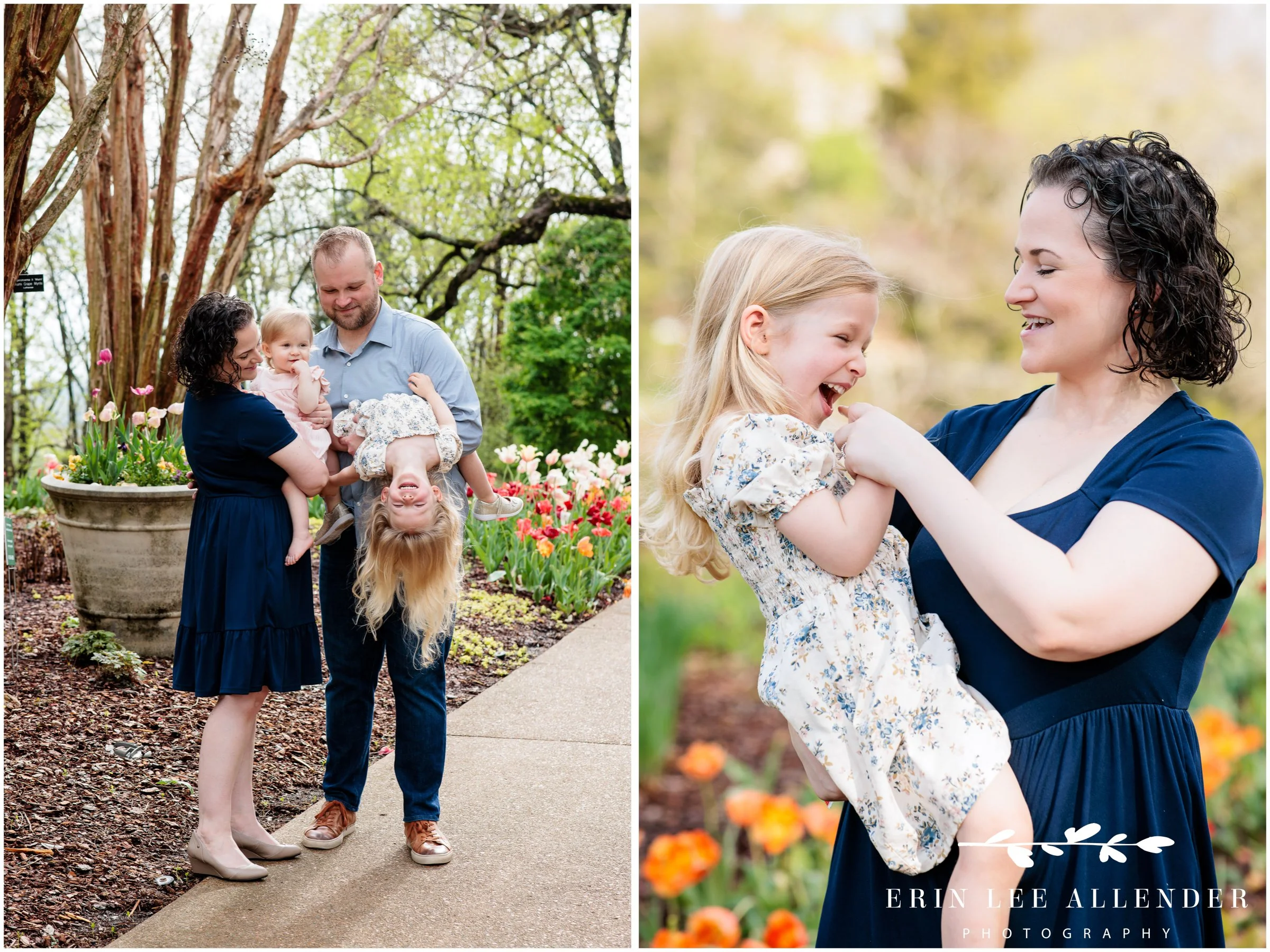 Child playfully dipping upside-down among spring tulips at Cheekwood Botanical Garden during milestone session, Nashville family photography
